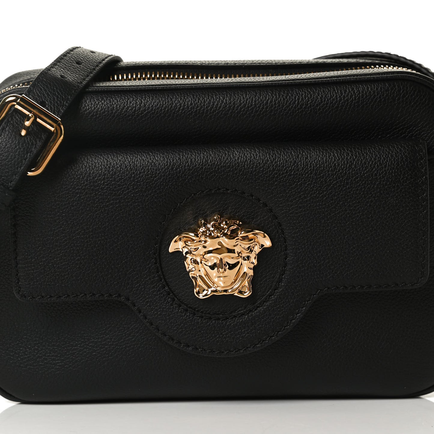 Grained Calfskin Medusa Camera Bag Black