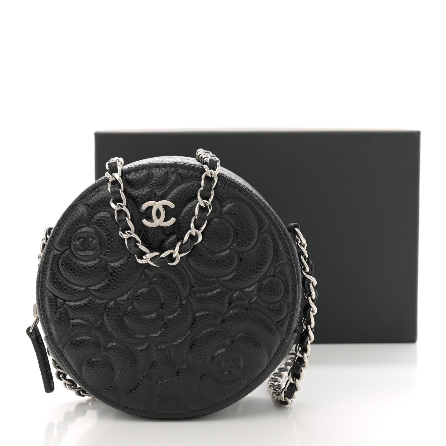 Chanel Caviar Camellia Embossed Round Clutch With Chain Black 11 of 11