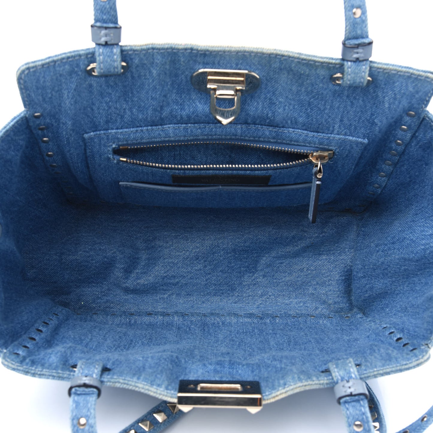 Denim Butterfly Embroidered Small Rockstud Tote Light Denim