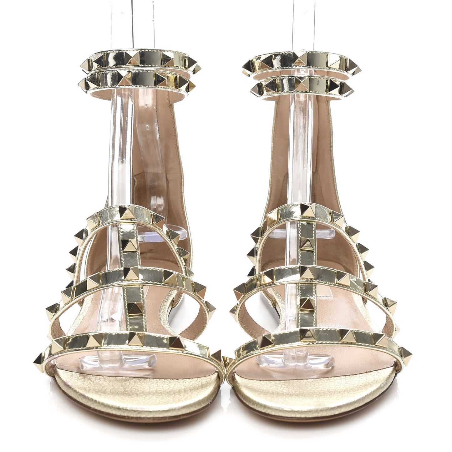 Metallic Pebbled Calfskin Patent Rockstud Ankle Strap Caged Flat Sandals 37 Platino