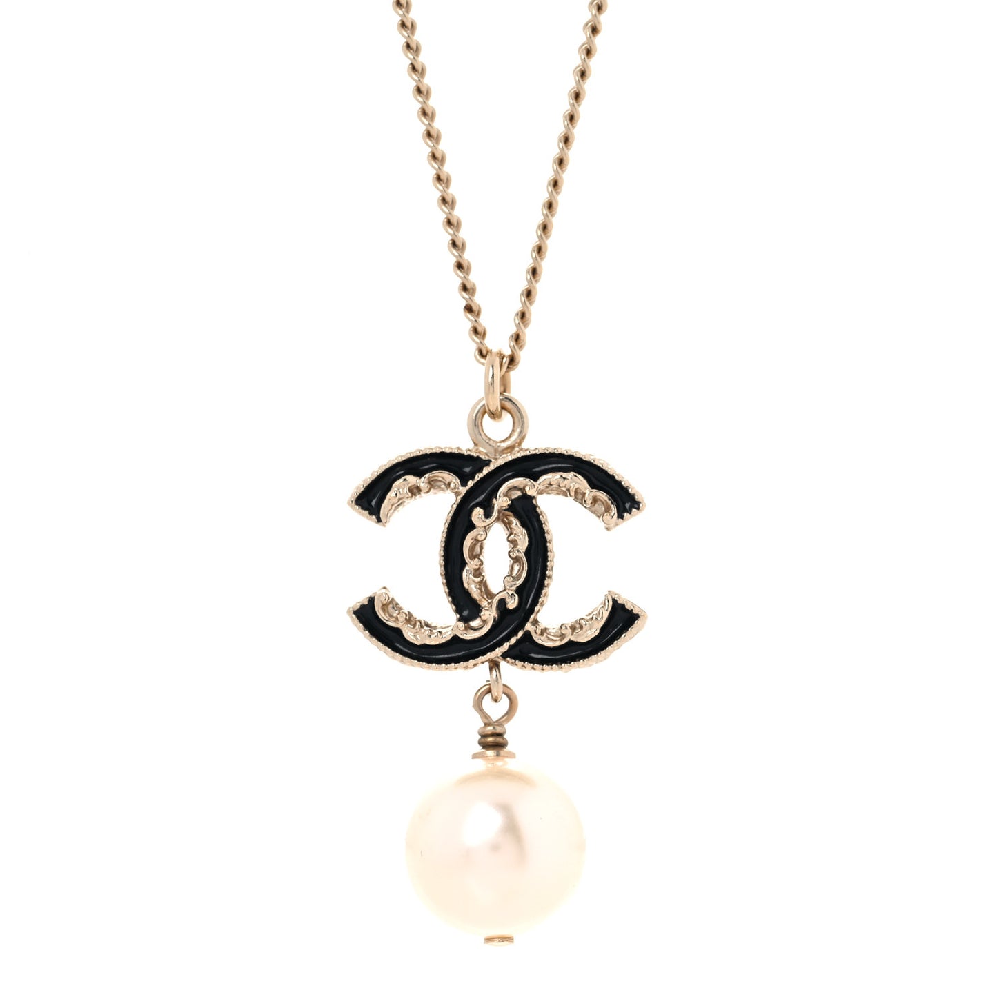 Enamel Pearl CC Baroque Drop Necklace Black Gold