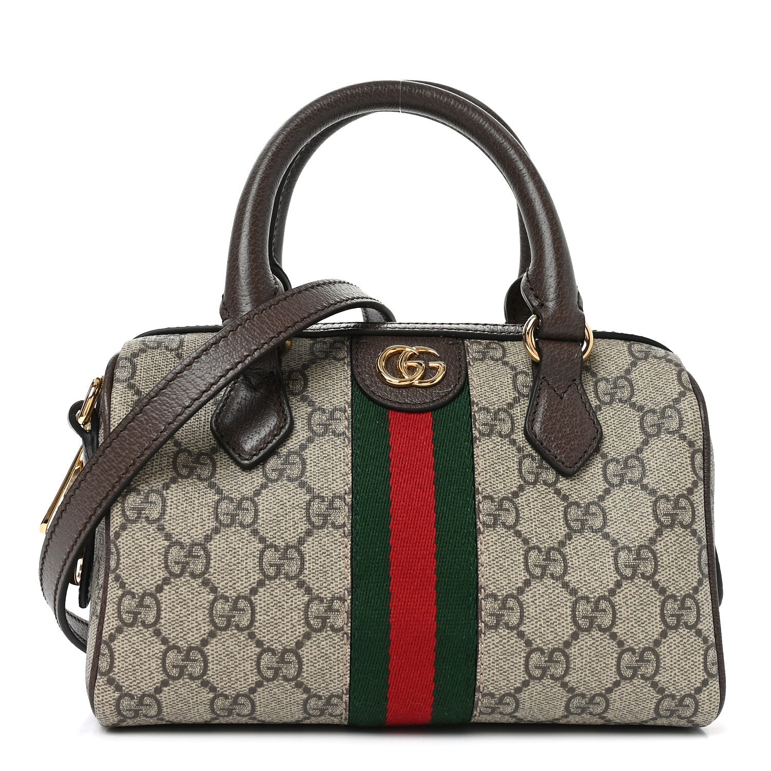 Gucci GG Supreme Monogram Textured Dollar Calfskin Web Mini Ophidia Top Handle Bag Beige Ebony New Acero 1 of 10