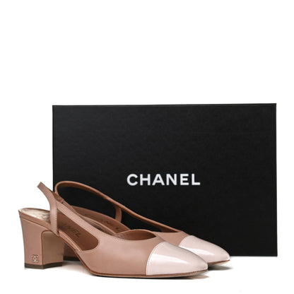 Chanel Glazed Calfskin Cap Toe CC Slingback Pumps 38 Beige Pink 14 of 14