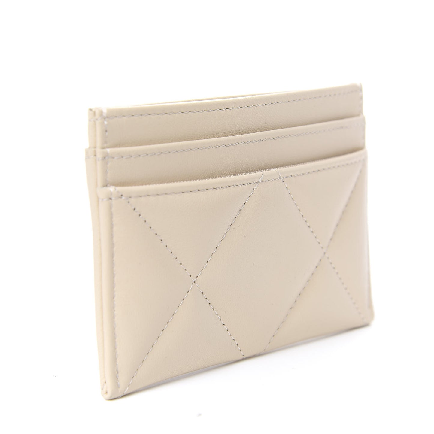 Shiny Goatskin Quilted Chanel 19 Card Holder Beige
