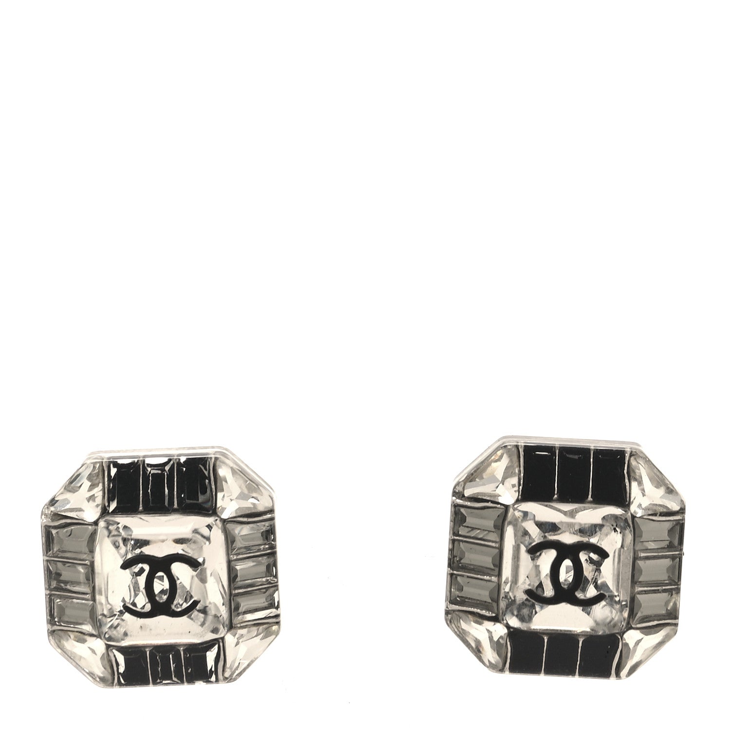 Chanel Crystal CC Square Charm Earrings Silver Black 1 of 5