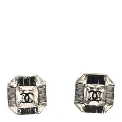 Chanel Crystal CC Square Charm Earrings Silver Black 1 of 5