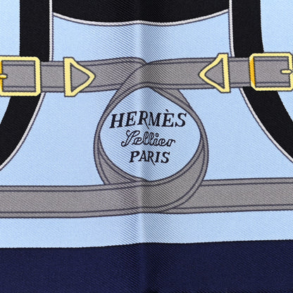 Hermes Silk Eperon D'Or Pocket Square Scarf Marine Ciel Gold 2 of 4