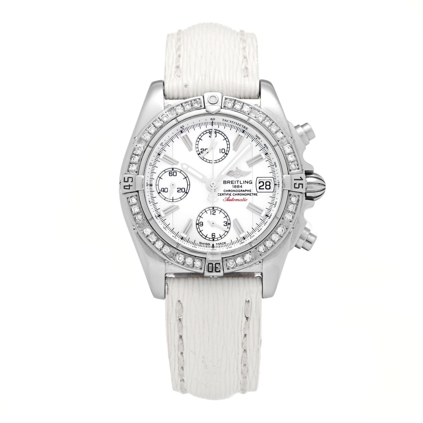 Stainless Steel Calfskin Diamond Mother of Pearl 39mm Cockpit Chronograph Automatic Watch A13358