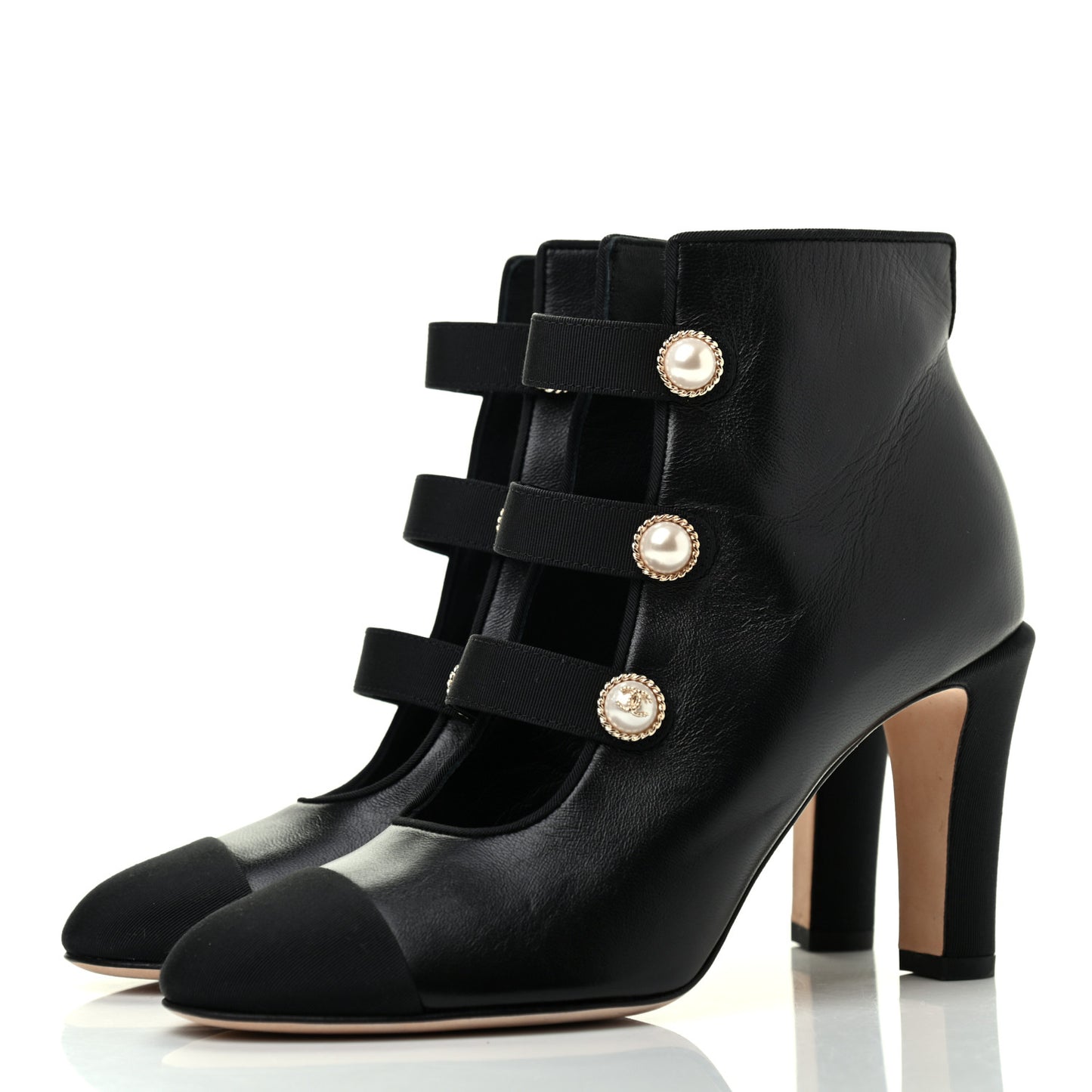 Lambskin Grosgrain Cap Toe Pearl Ankle Boots 36 Black