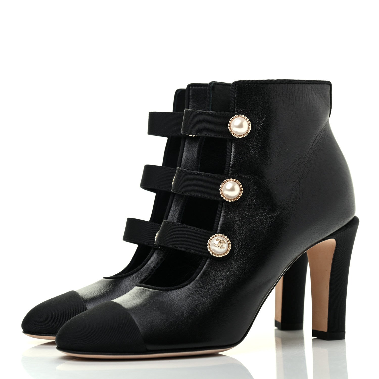 Chanel Lambskin Grosgrain Cap Toe Pearl Ankle Boots 36 Black 3 of 10