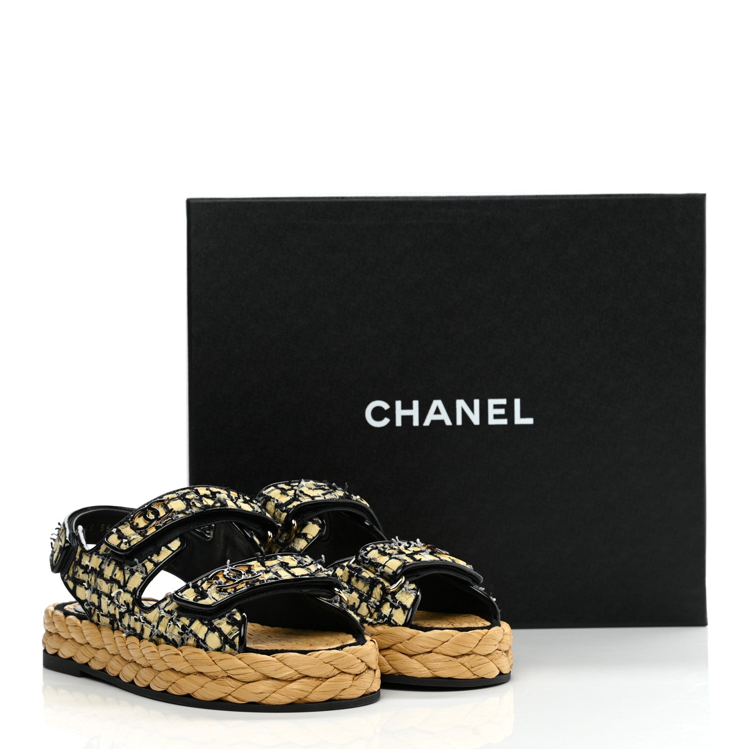 Chanel Tweed Patent Calfskin Velcro Dad Sandals 35 Yellow Black Gray 9 of 9