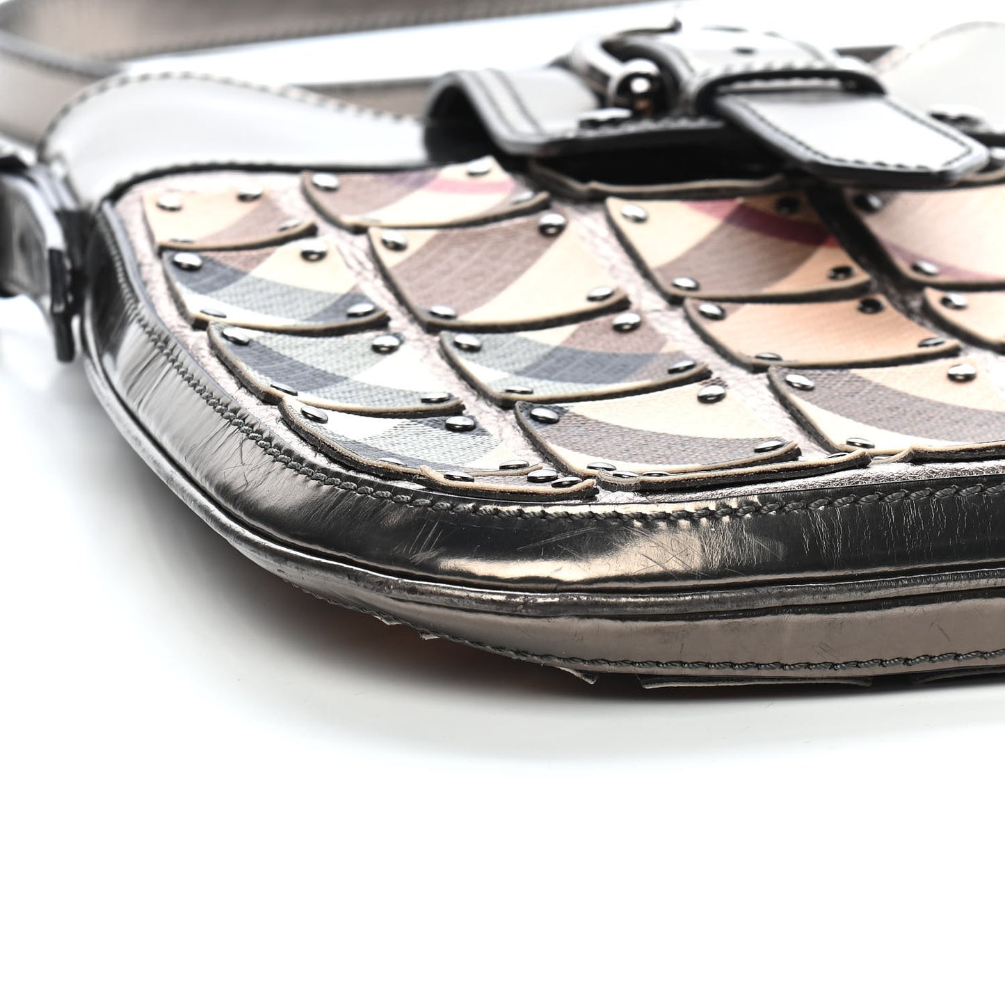 Metallic Patent Studded Nova Check Patchwork Crossbody Pewter