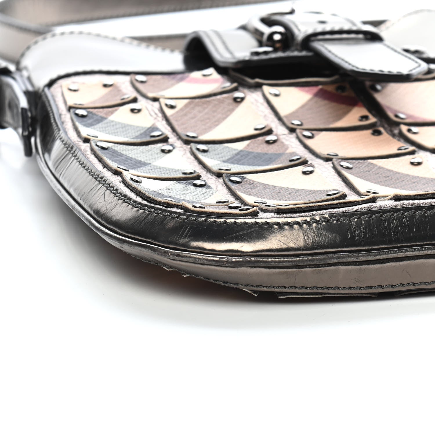 Burberry Metallic Patent Studded Nova Check Patchwork Crossbody Pewter 7 of 8