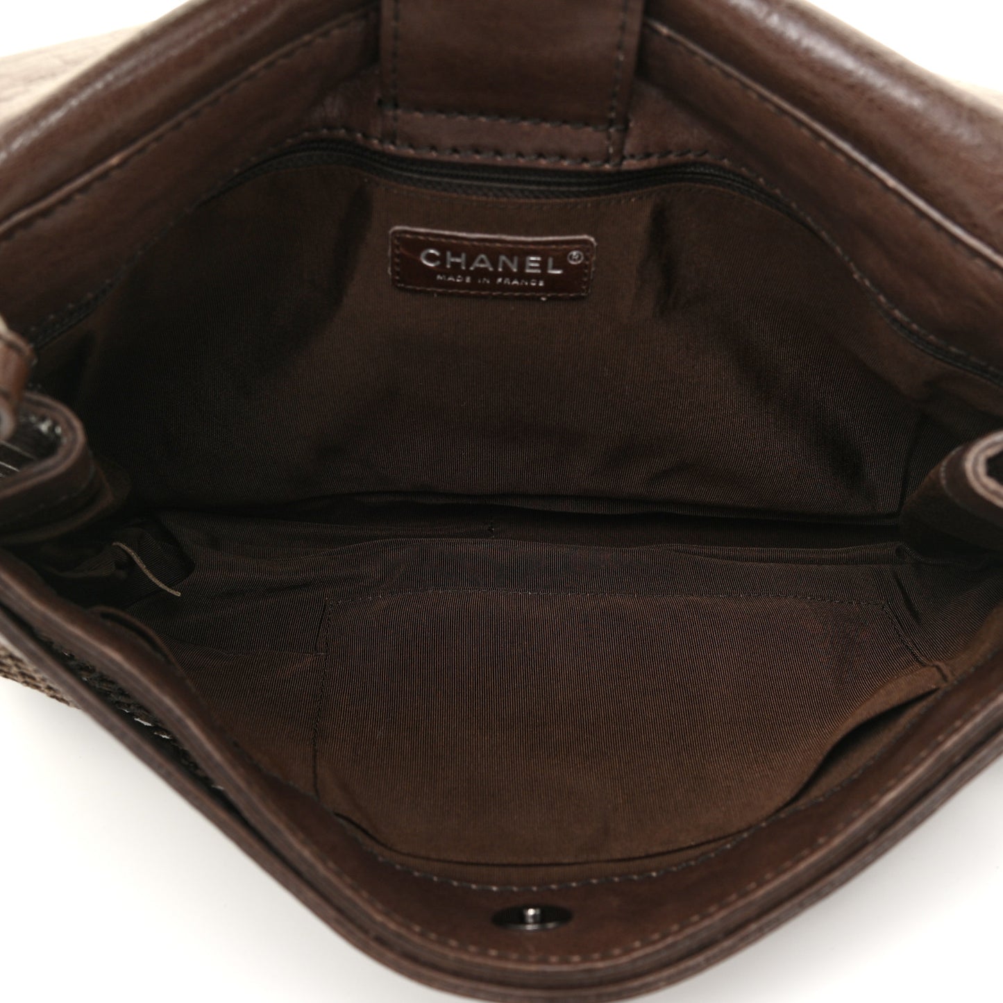 Calfskin Felt Sequin Embroidered Flap Shoulder Bag Brown