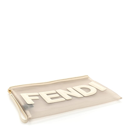 Fendi Mesh Vitello King Logo Embroidered Large Flat Pouch Sabbia White Ice 4 of 11