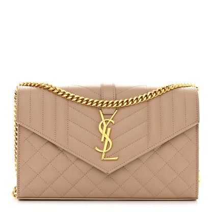 Saint Laurent Grain De Poudre Mixed Matelasse Triquilt Monogram Chain Wallet Dark Beige 1 of 11