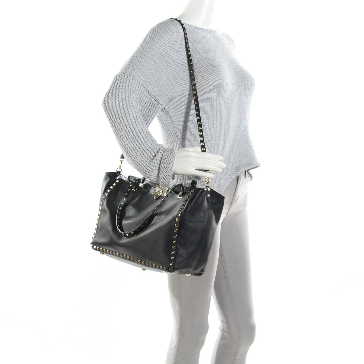 Vitello Medium Rockstud Tote Black