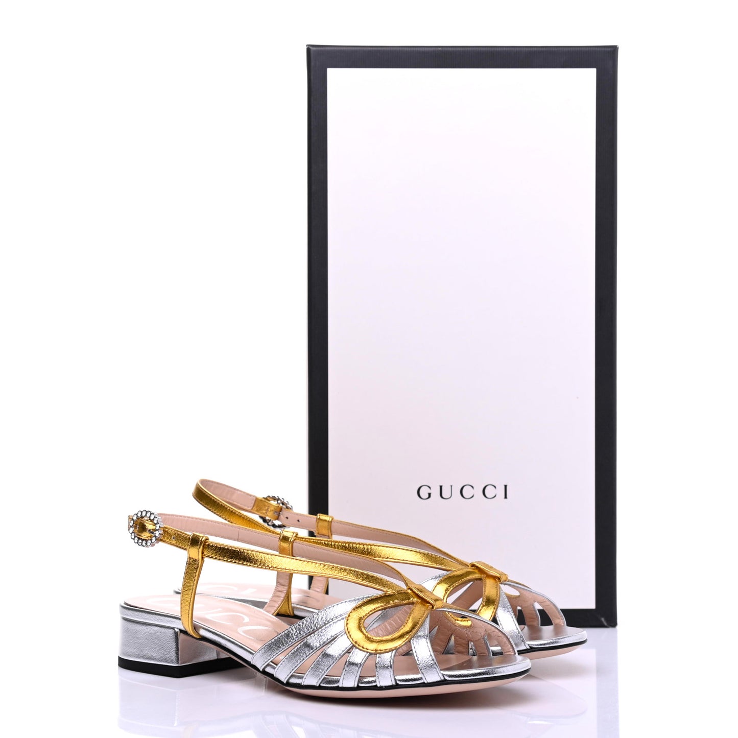 Metallic Nappa Crystal Zephyra Slingback Low Heel Sandals 35 Silver Gold