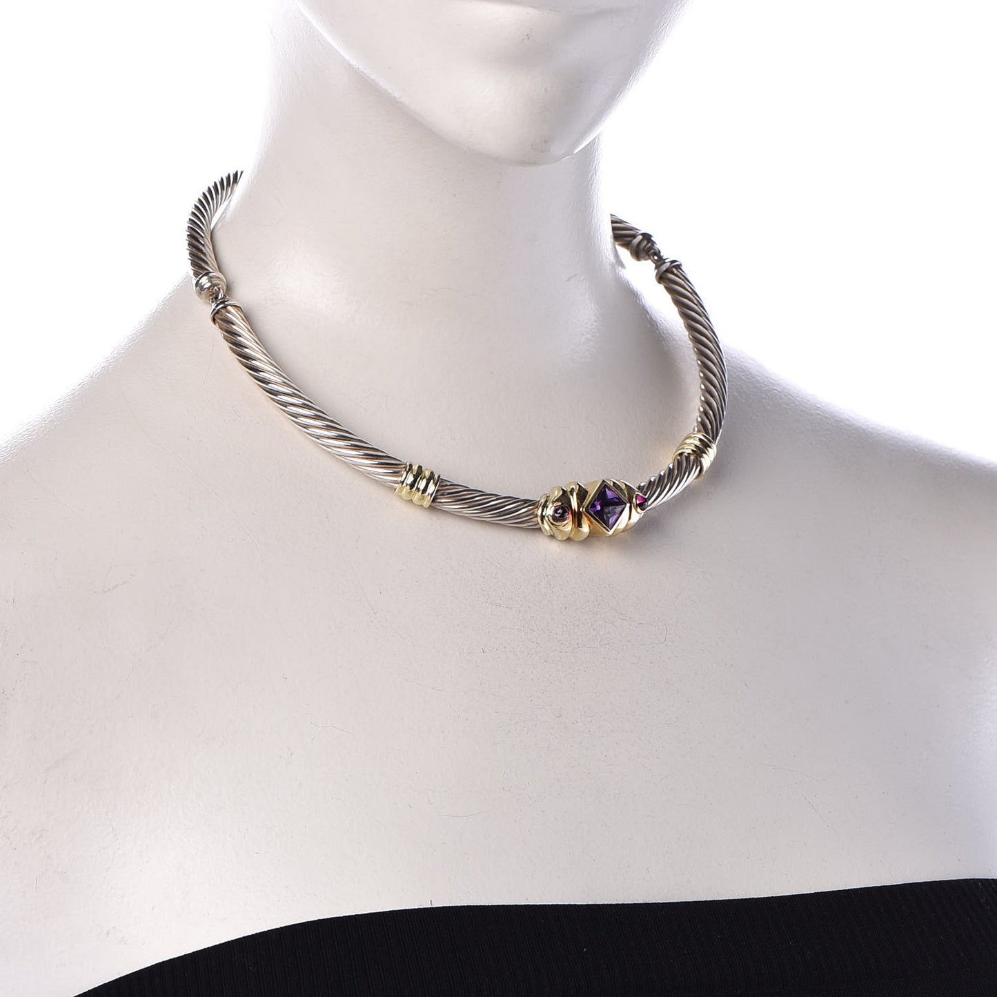 Sterling Silver 14K Yellow Gold Amethyst 7mm Renaissance Cable Necklace
