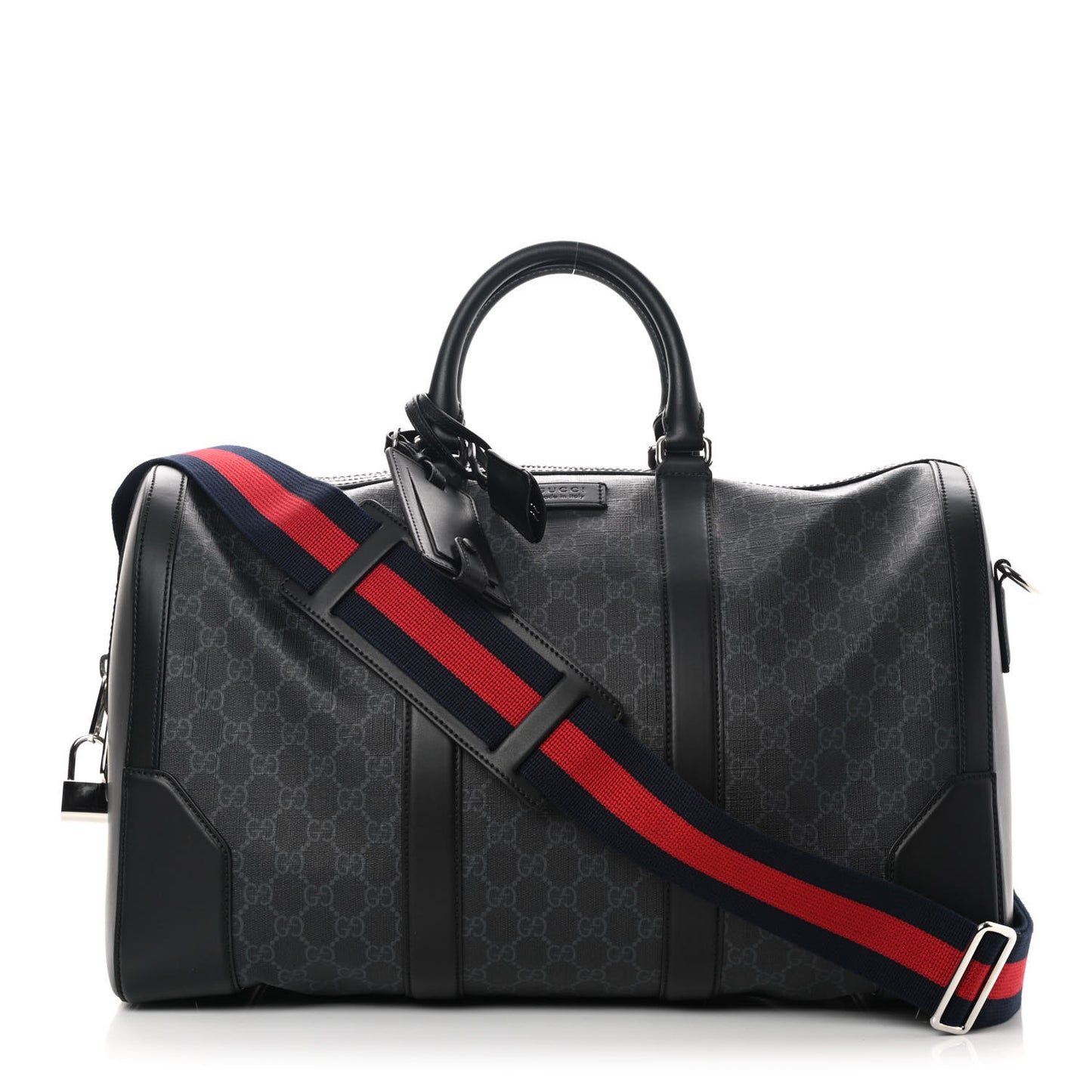 Soft GG Supreme Monogram Appia Calfskin Web Medium Carry On Duffle Bag Black Grey
