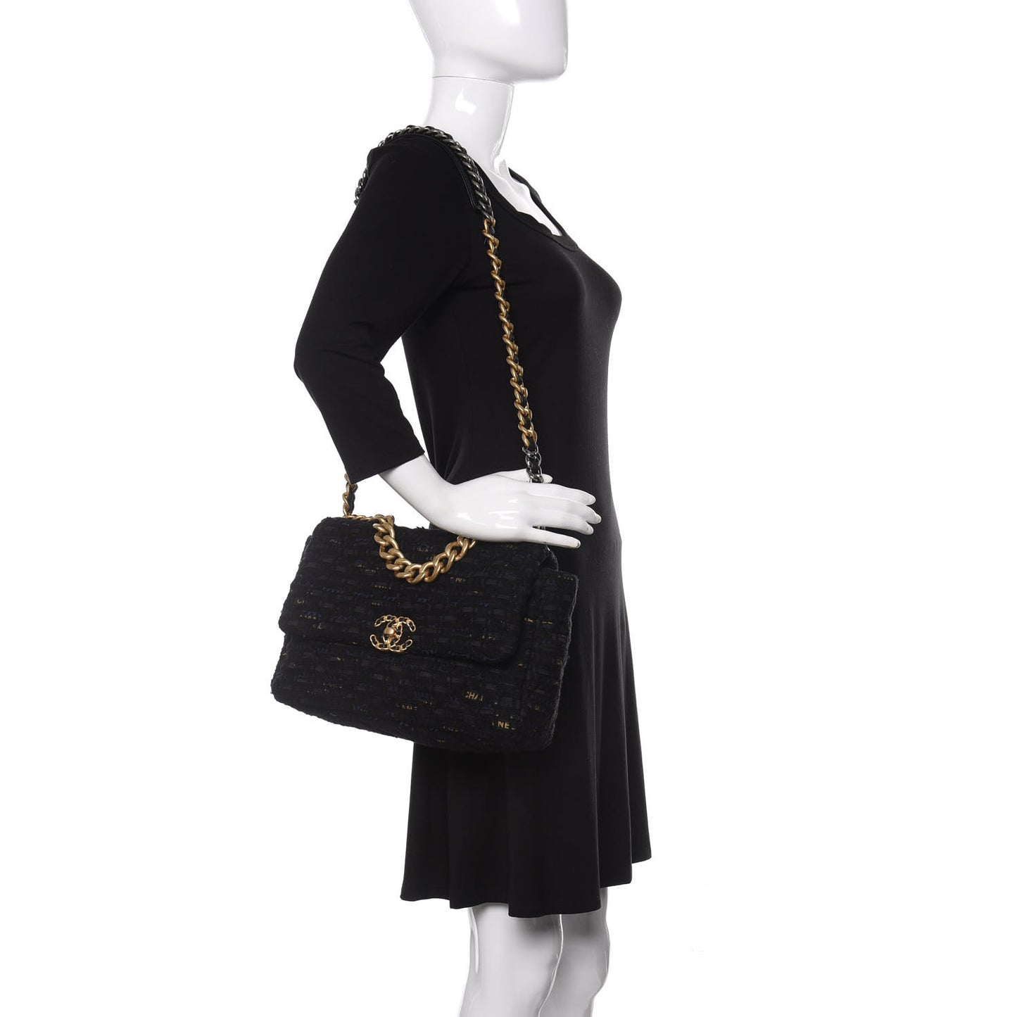 Tweed Quilted Large 19 Flap Black Navy Gold
