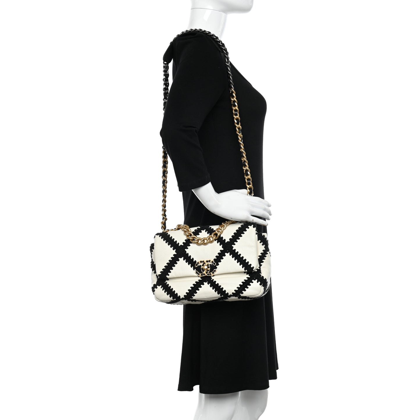 Calfskin Crochet Medium Chanel 19 Flap White Black