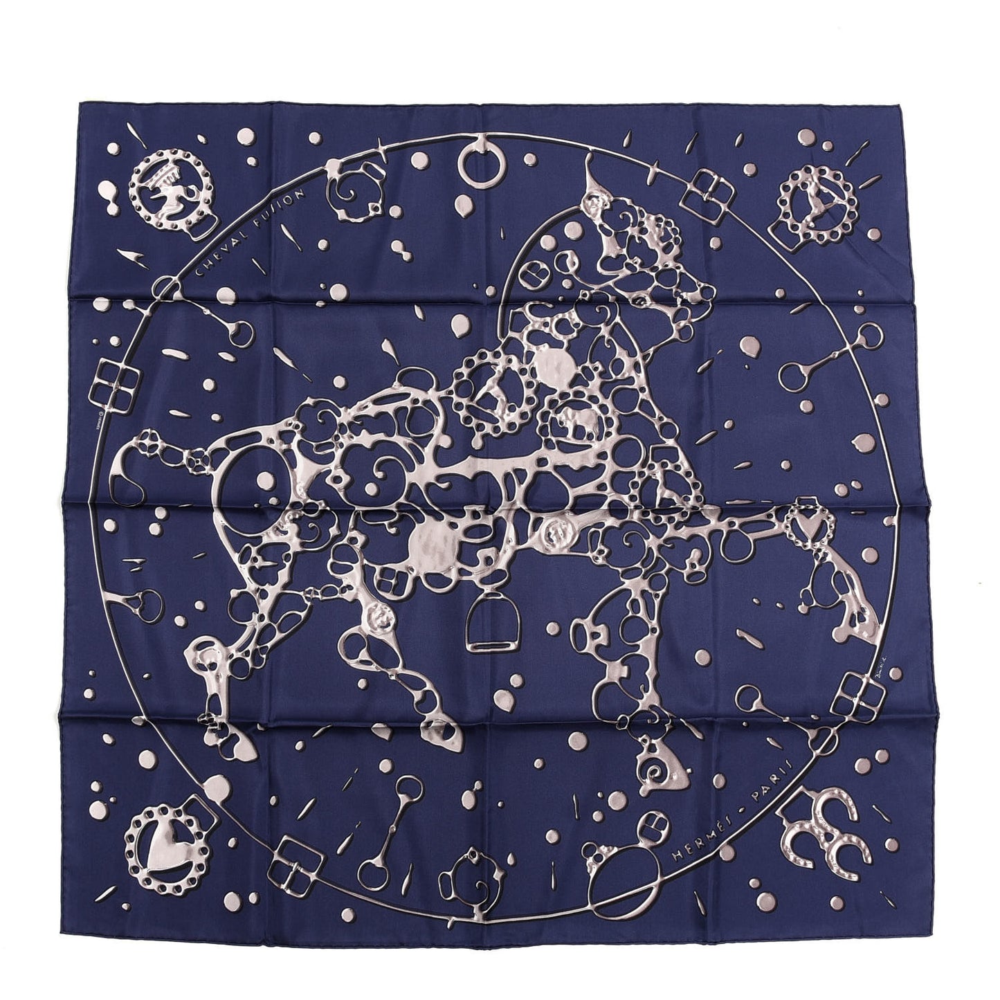 Silk Cheval Fusion Scarf 90 Marine Gris Argent