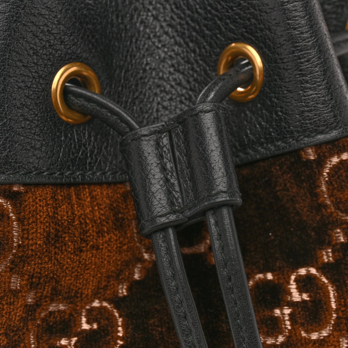Velvet GG Monogram Textured Calfskin Web Bucket Bag Brown Black