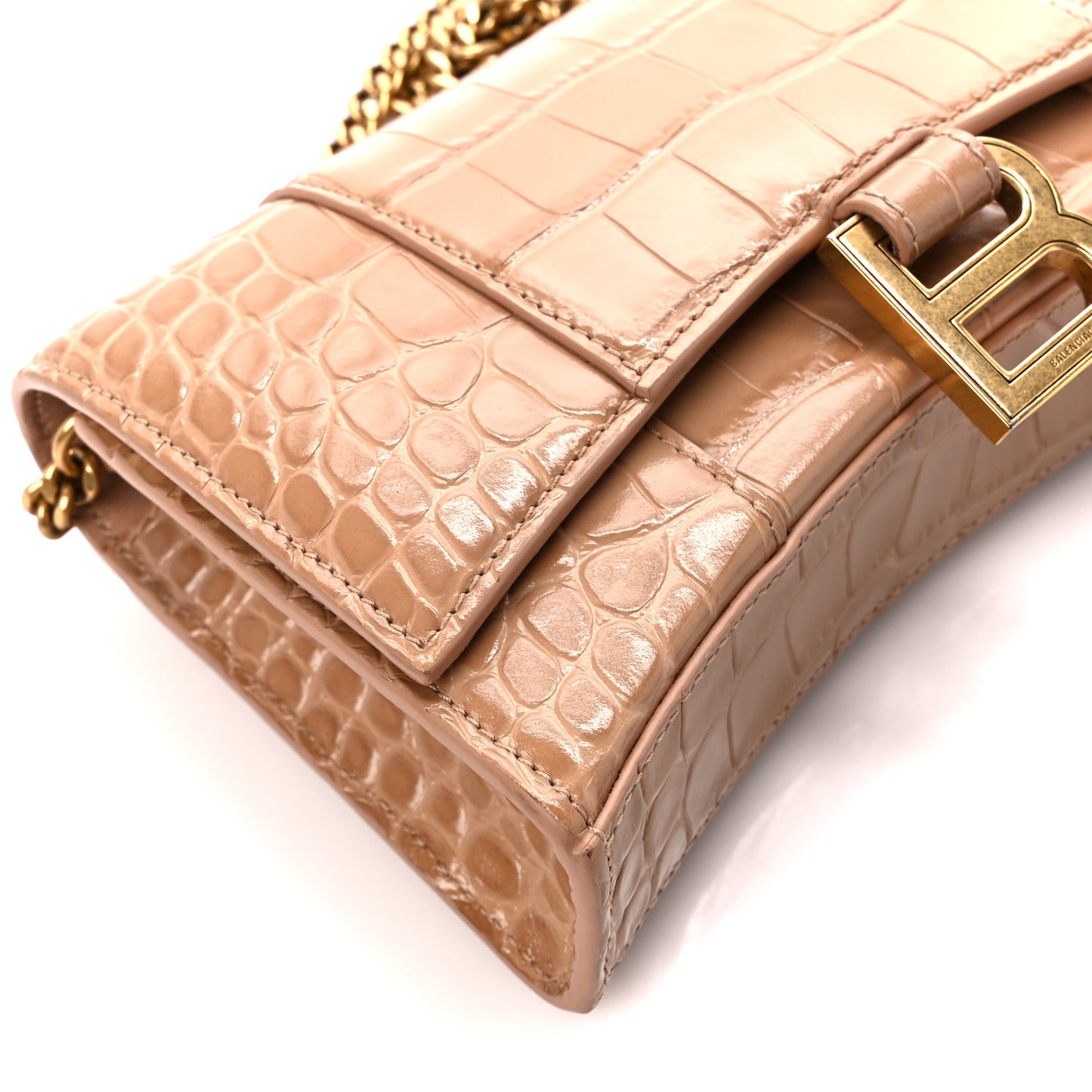 Shiny Calfskin Crocodile Embossed Hourglass Chain Bag Nude Beige