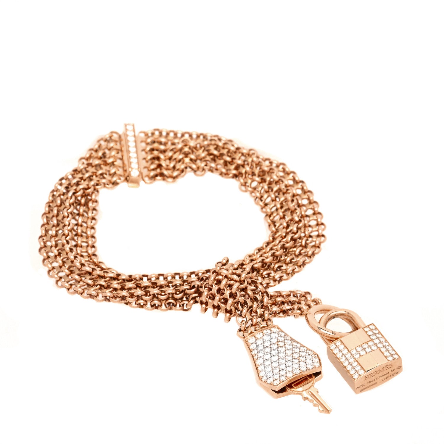 Hermes 18K Rose Gold Pave Diamond GM Kelly Clochette Bracelet SH 1 of 9