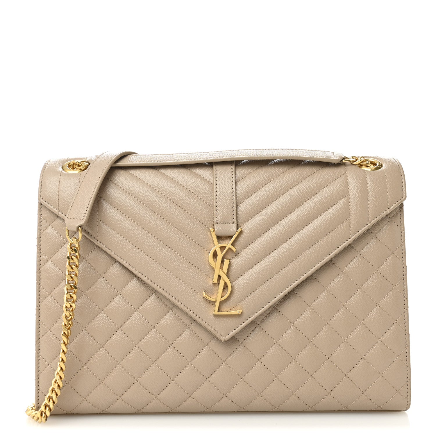 Saint Laurent Grain De Poudre Mixed Matelasse Large Triquilt Monogram Satchel Dark Beige 1 of 13