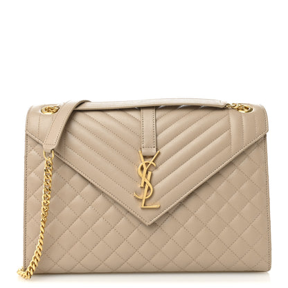 Saint Laurent Grain De Poudre Mixed Matelasse Large Triquilt Monogram Satchel Dark Beige 1 of 13