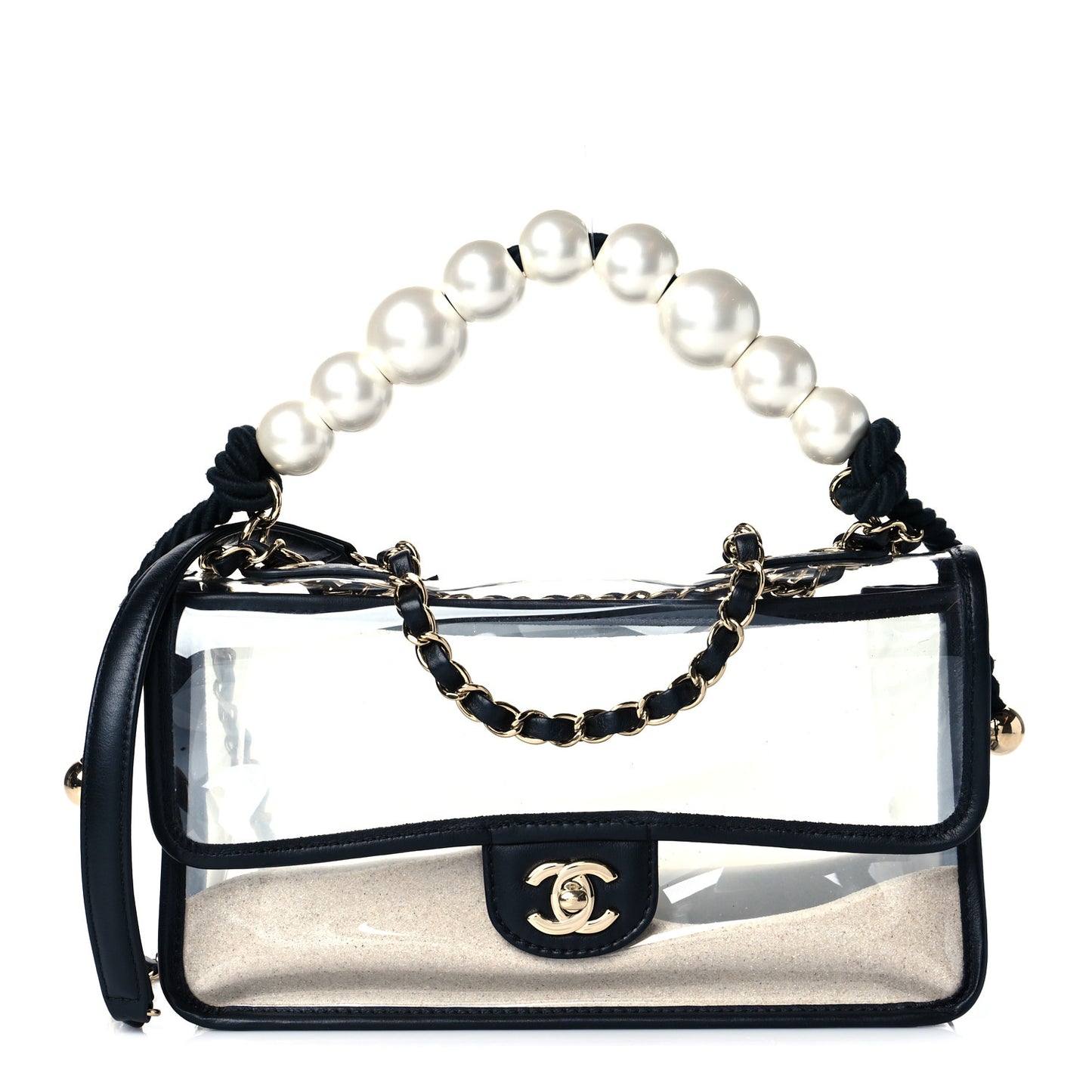Lambskin PVC Sand By The Sea Flap With Pearl Strap Black