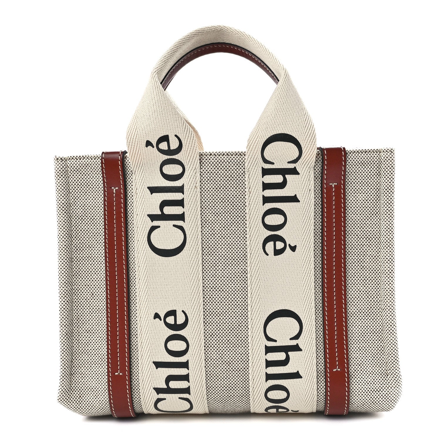 Chloe Cotton Calfskin Small Woody Ribbon Tote White Brown 1 of 12