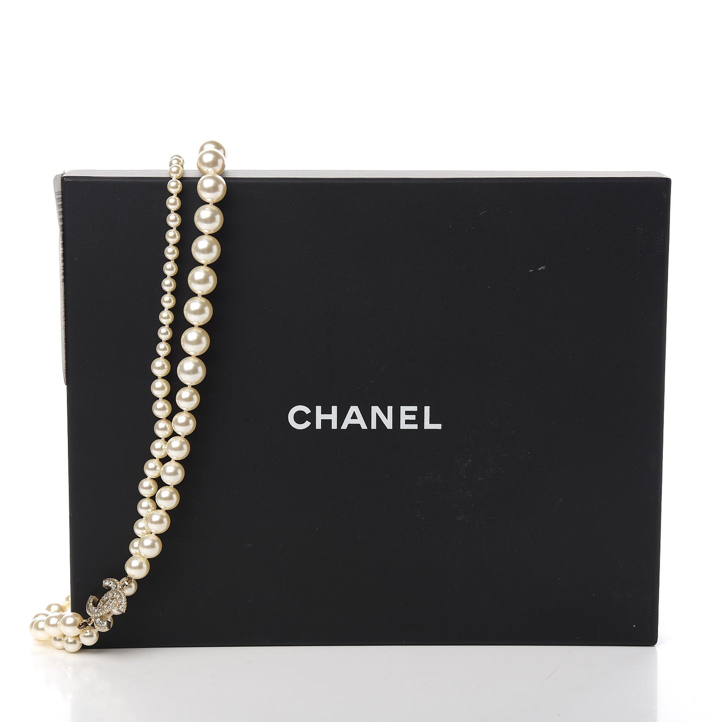 Pearl Baguette Crystal Long CC Necklace Gold