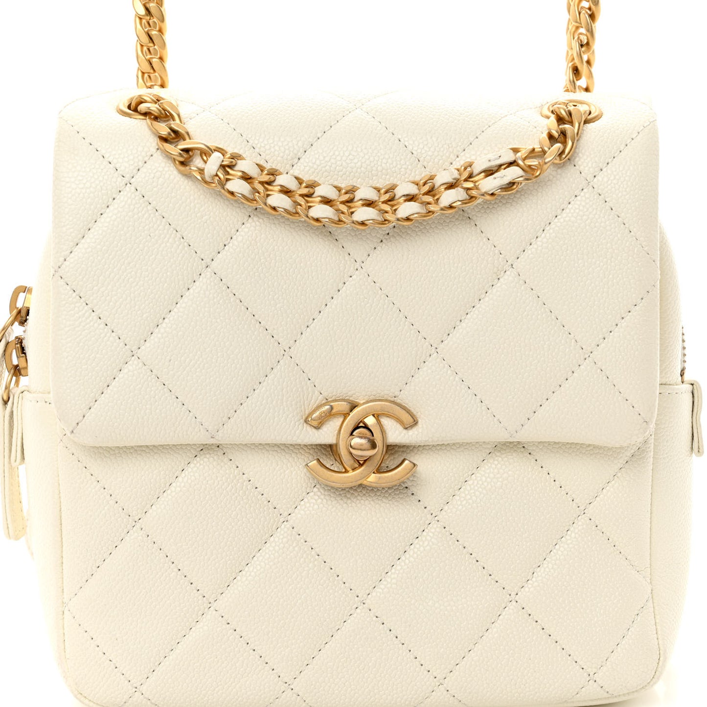 Shiny Caviar Quilted Chain Melody Backpack White