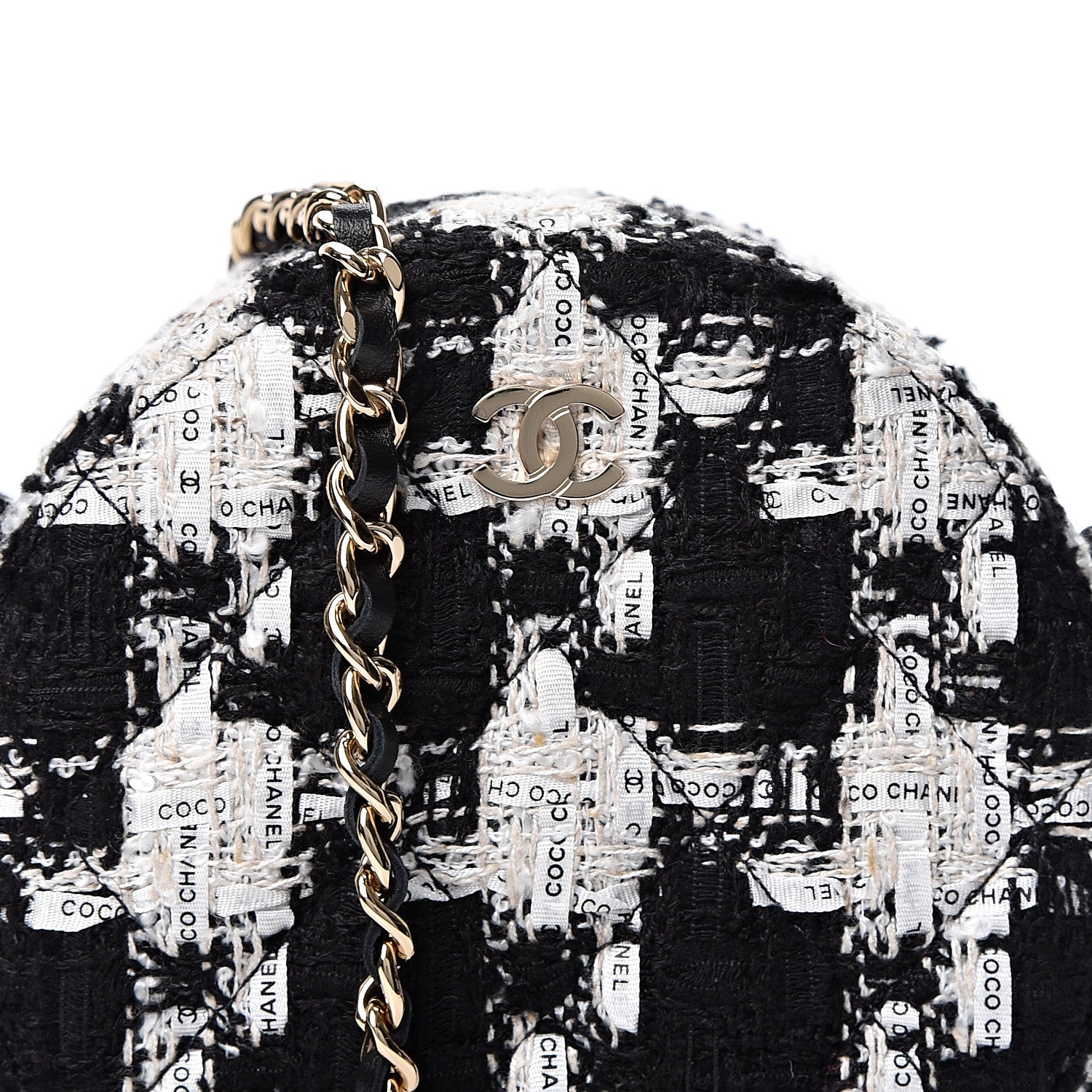 Chanel Tweed Quilted Round Clutch With Chain Black Ecru White 9 of 10