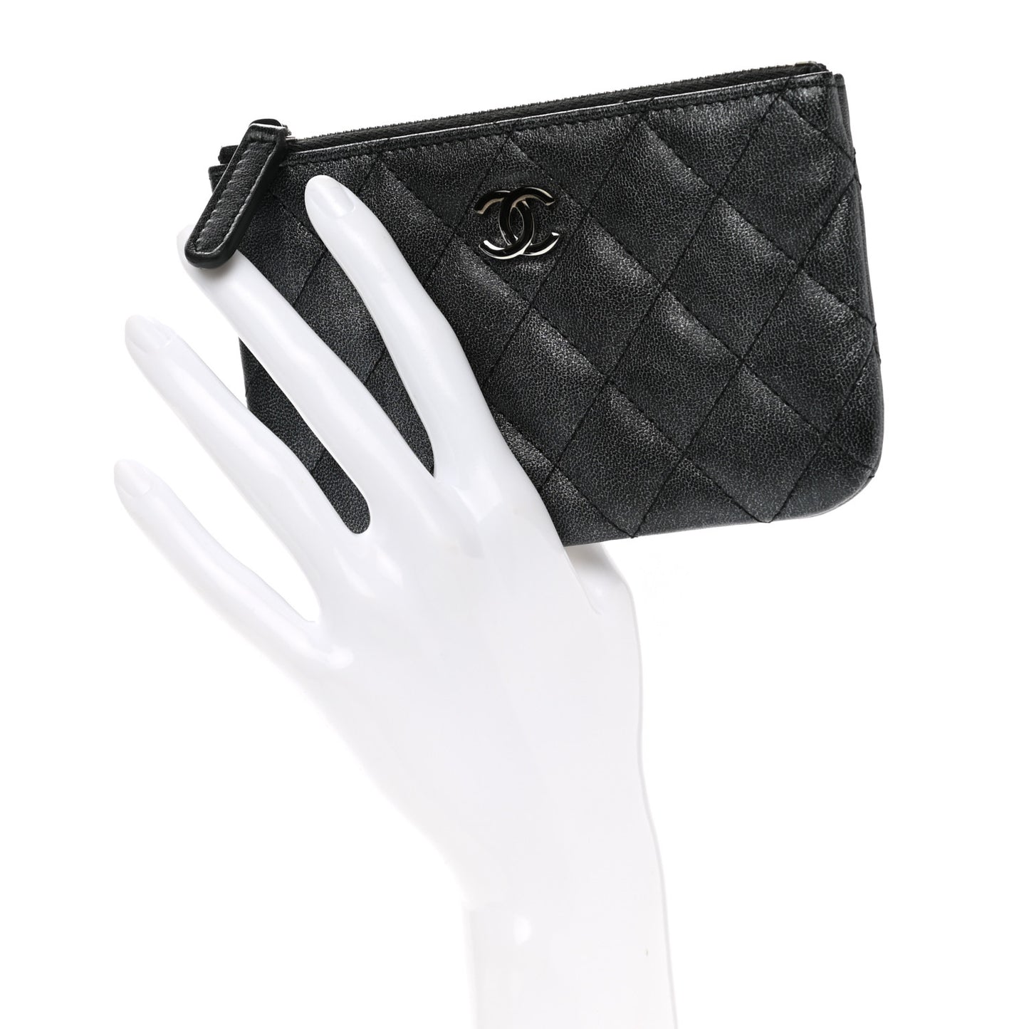 Metallic Goatskin Quilted Small Cosmetic Case Dark Grey