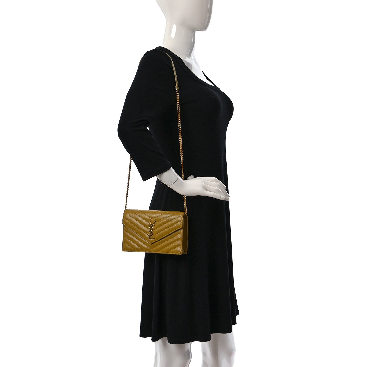 Saint Laurent Grain De Poudre Matelasse Chevron Monogram Envelope Chain Wallet Saffran 2 of 9