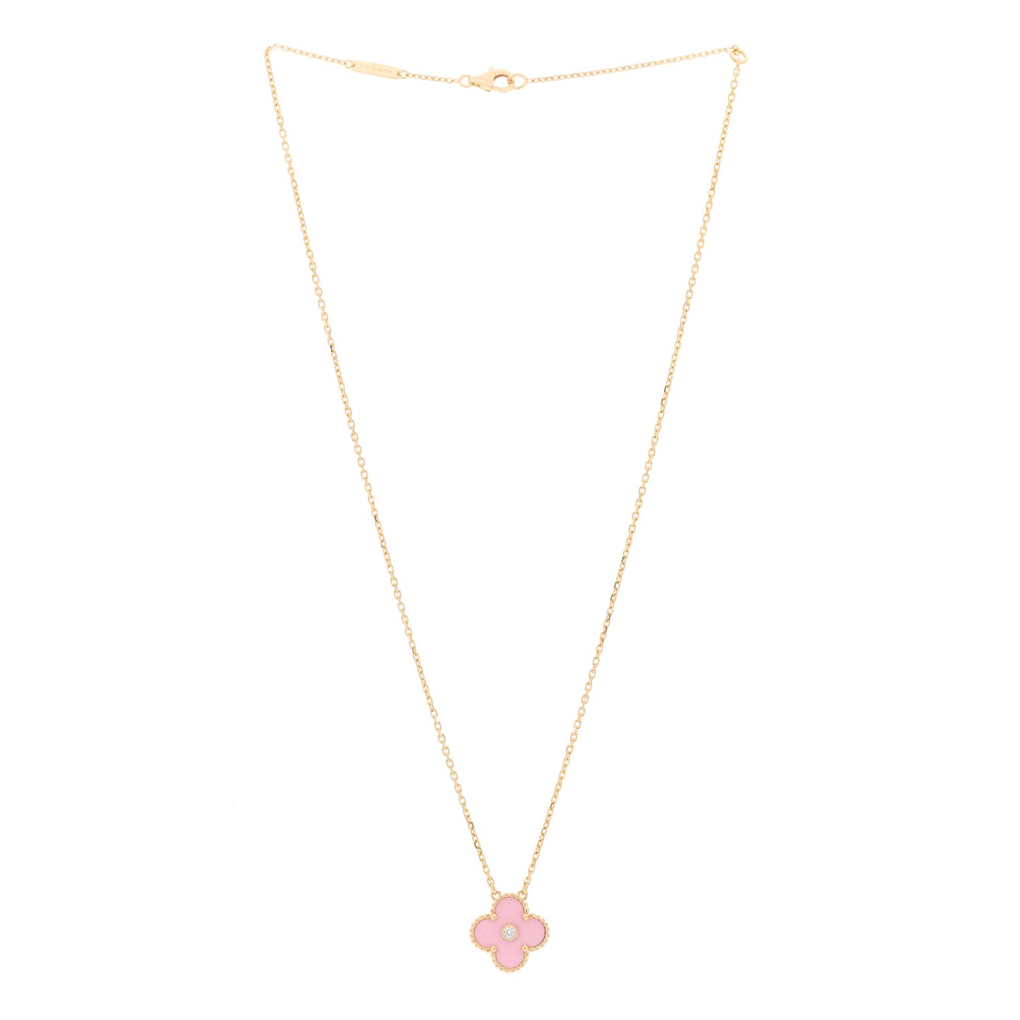 18K Rose Gold Diamond Pink Porcelain Vintage Alhambra Pendant Necklace