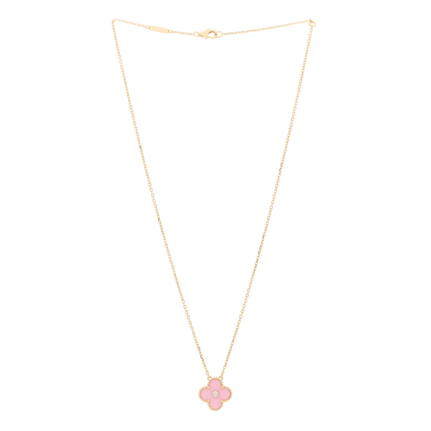 Van Cleef & Arpels 18K Rose Gold Diamond Pink Porcelain Vintage Alhambra Pendant Necklace 2 of 4
