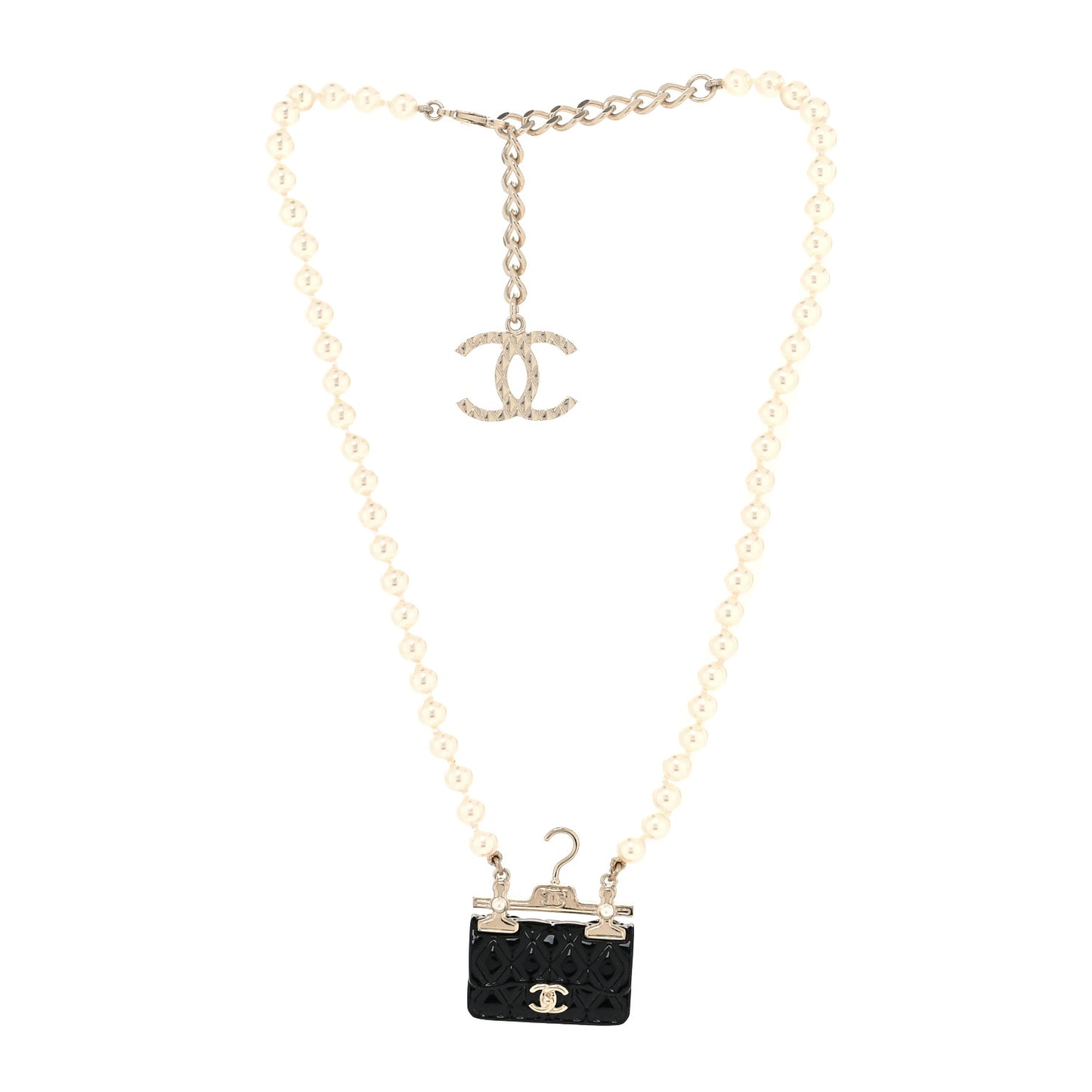 Pearl Metal Resin Quilted Flap Bag Necklace Gold Black Pearly White