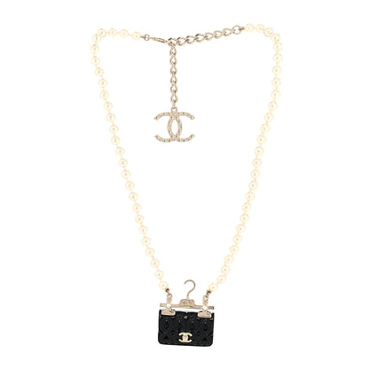 Chanel Pearl Metal Resin Quilted Flap Bag Necklace Gold Black Pearly White 3 of 5