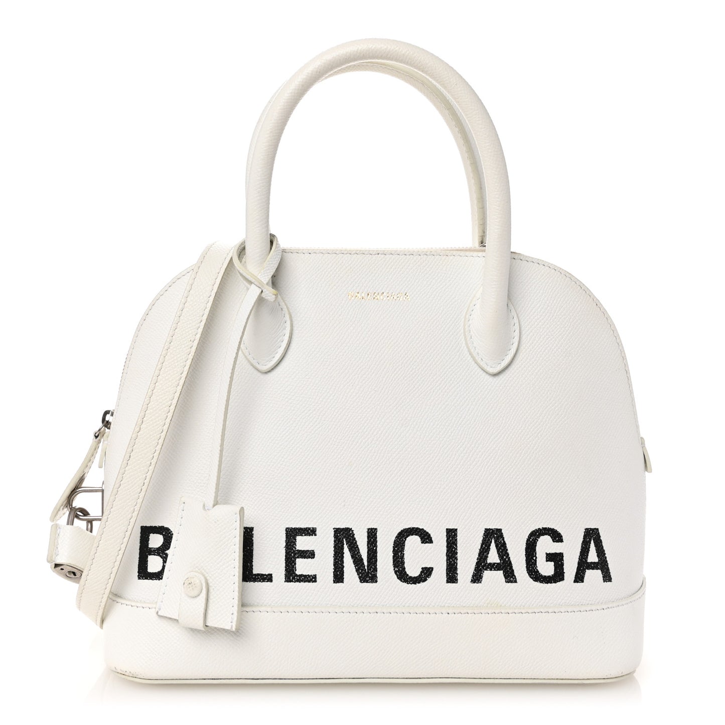 Signature Grained Calfskin Logo S Ville Top Handle Bag White Black