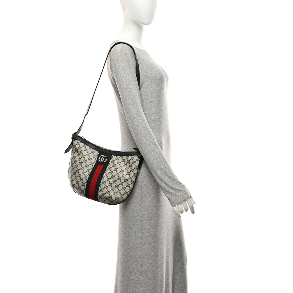 GG Supreme Monogram Textured Dollar Calfskin Web Small Ophidia Half Moon Hobo Beige Blue