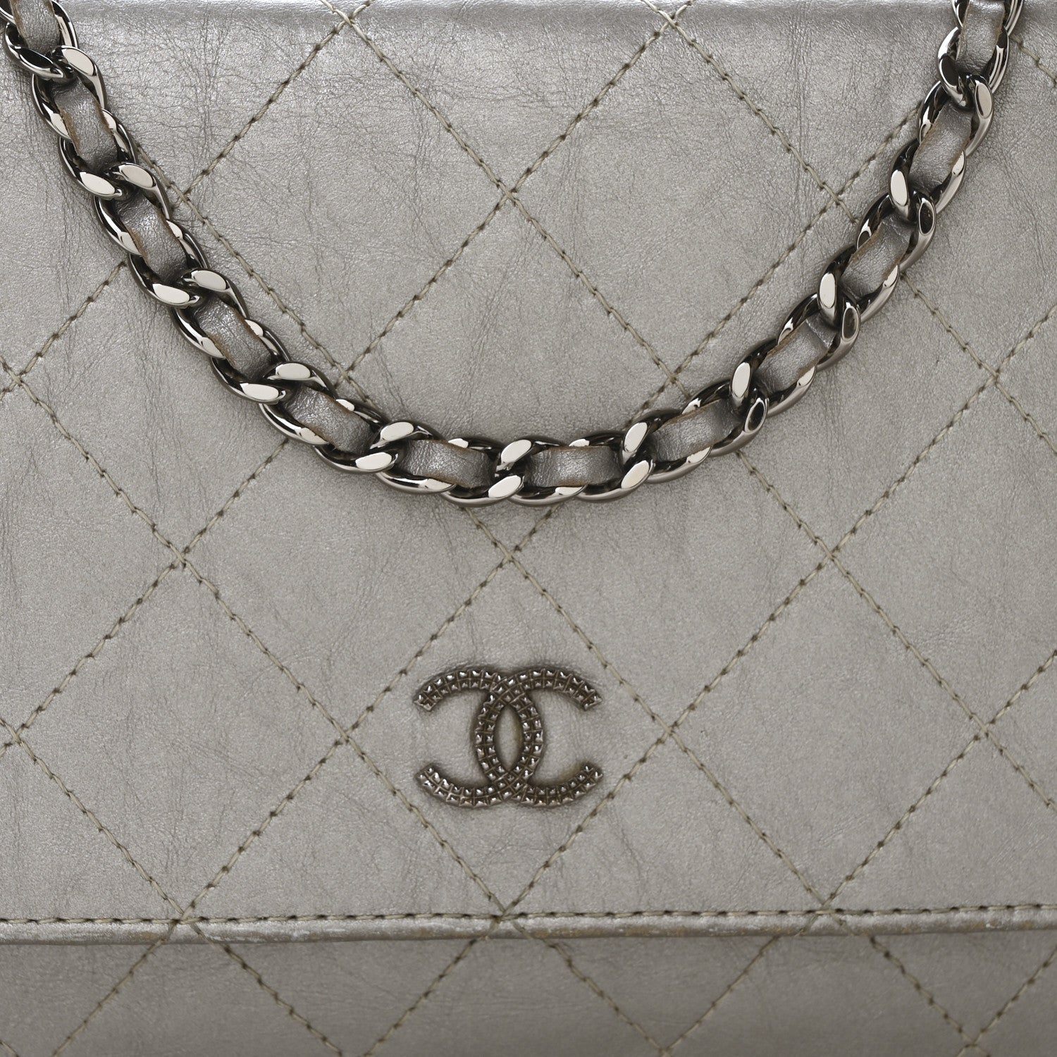 Chanel Metallic Aged Calfskin Quilted Wallet on Chain WOC Silver 9 of 12
