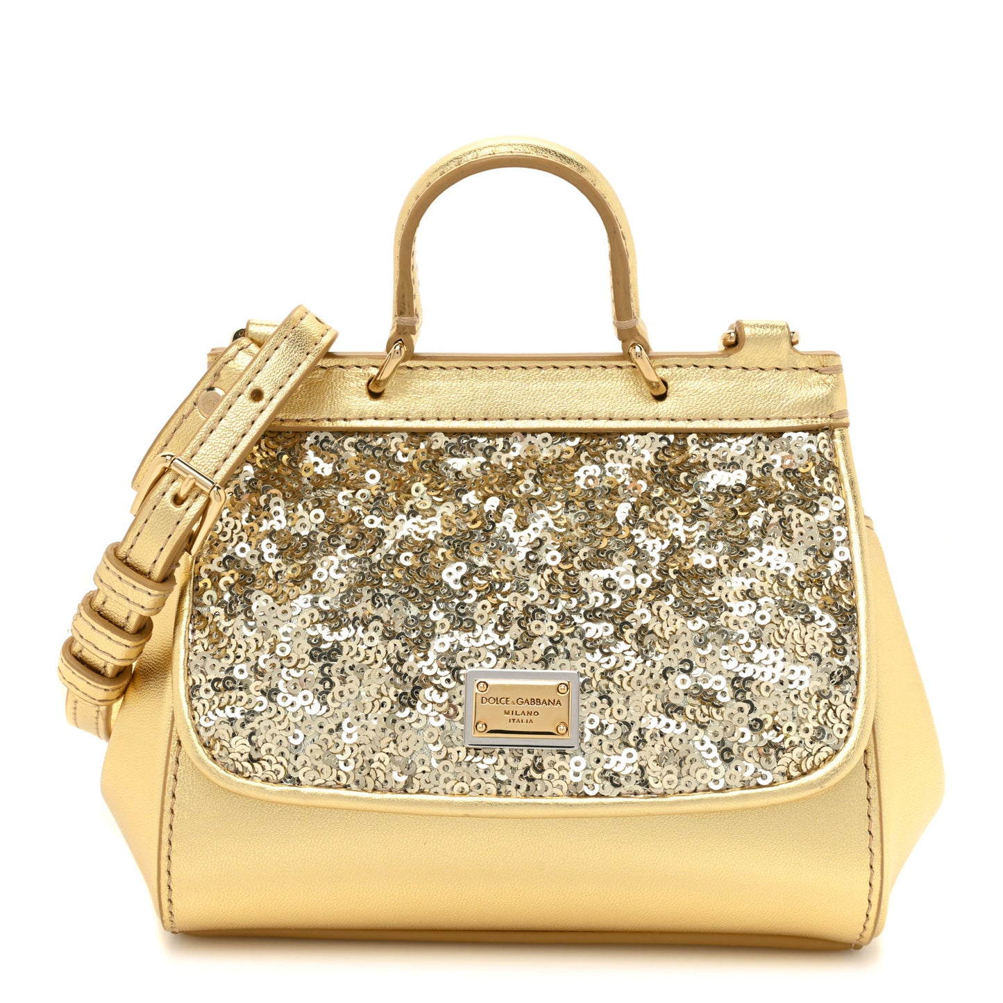 DOLCE & GABBANA Metallic Calfskin Sequin Childrens Miss Sicily Satchel Gold