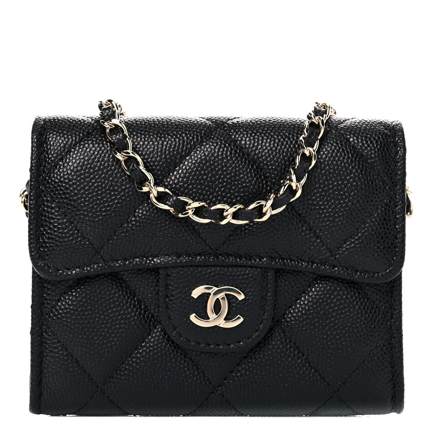 Caviar Quilted Flap Card Holder On Chain Black