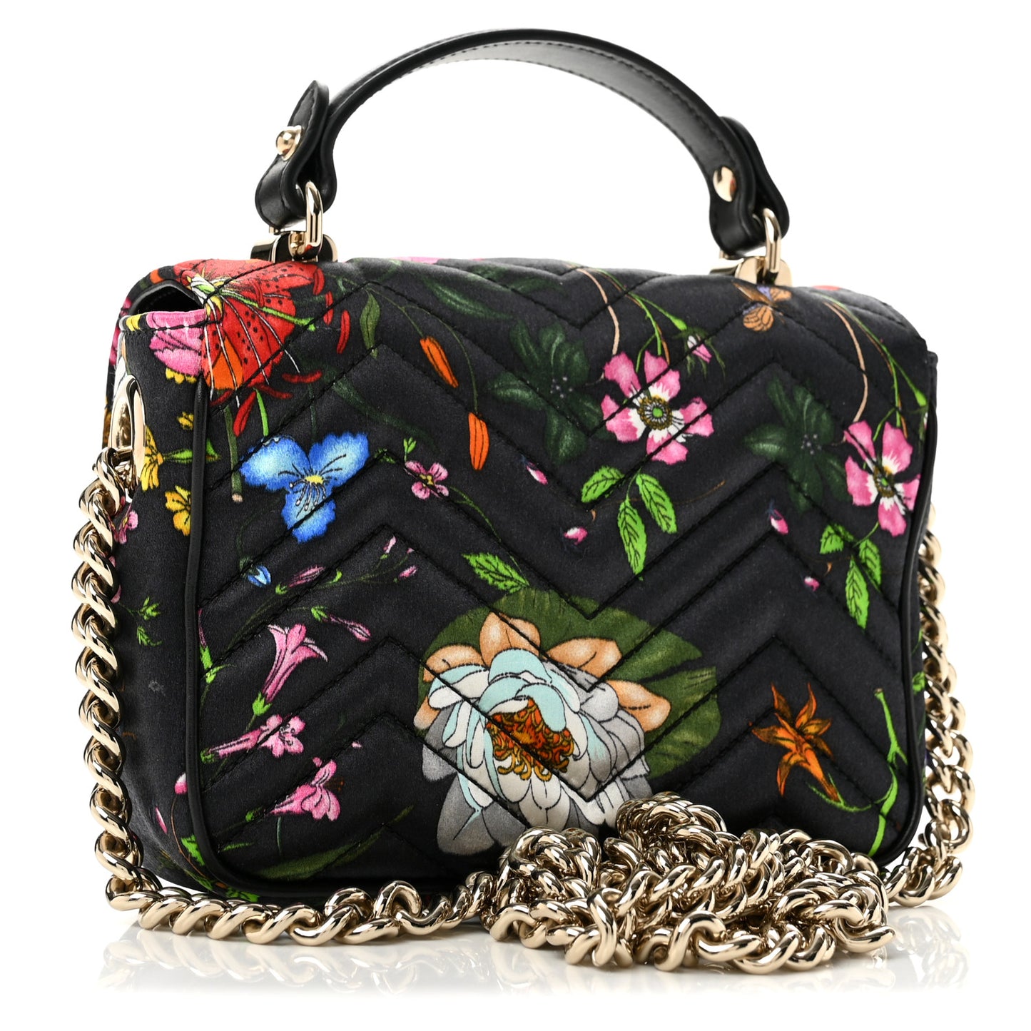 Silk Matelasse Floral Mini GG Marmont Top Handle Bag Black