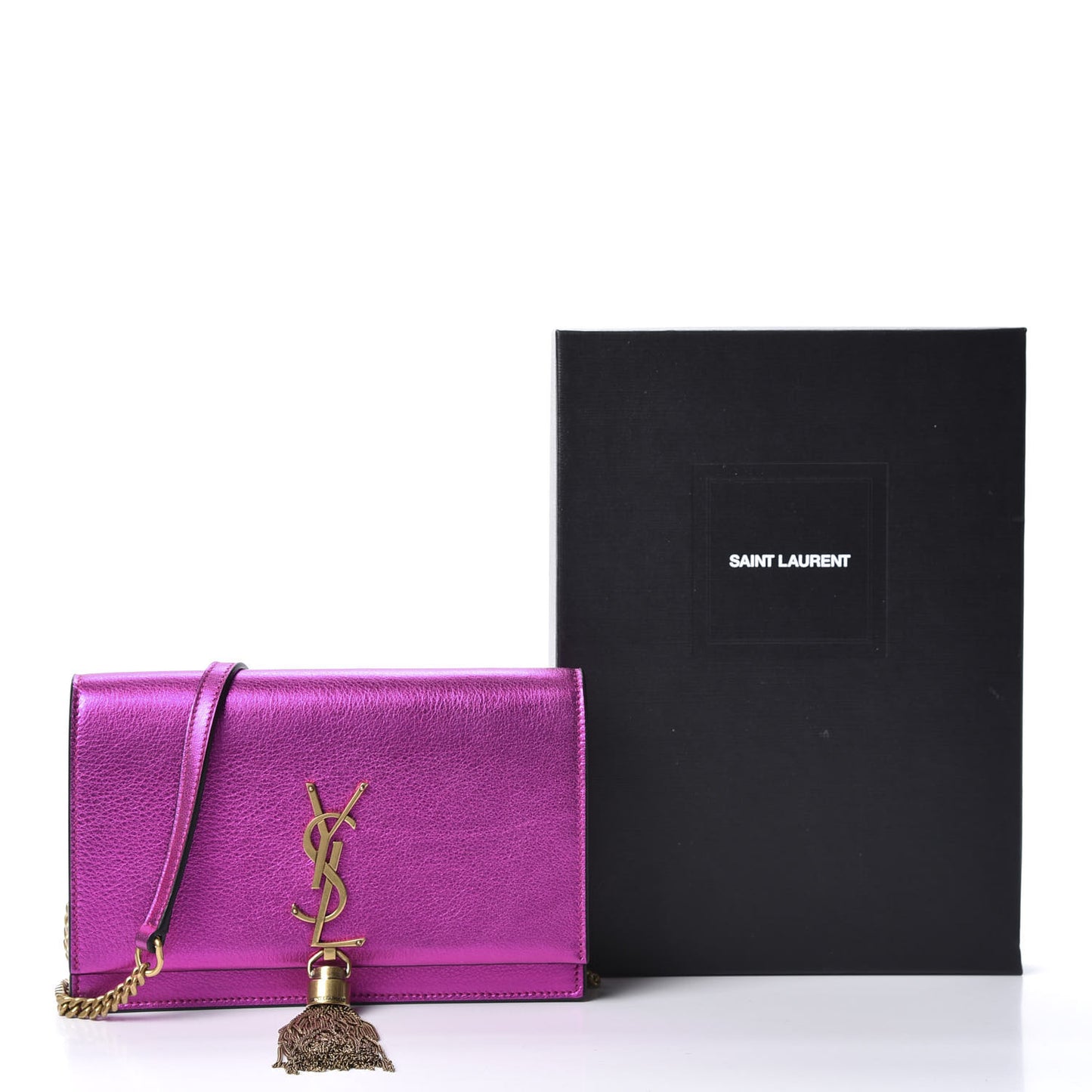 Metallic Calfskin Classic Monogram Kate Tassel Chain Wallet Fuchsia